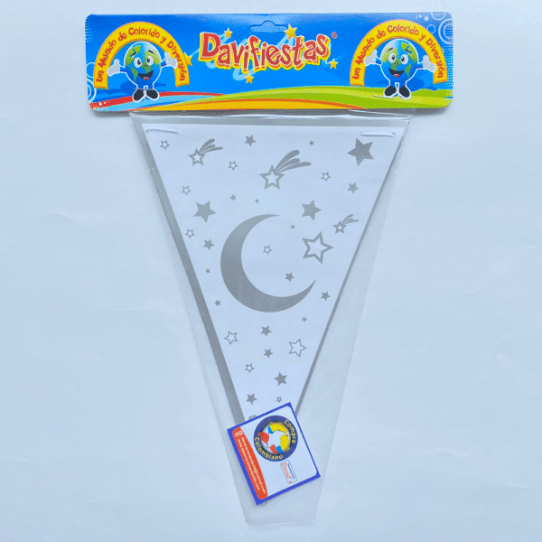 BANDERIN TRIANGULAR LUNA BLANCO PLATEADO
