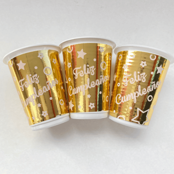 VASO METALIZADO FELIZ CUMPLEAÑOS DORADO